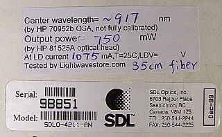 910-925nm >750mW multimode pump laser. High power, high reliability. for double-clad fiber amp. or Raman amp. SLD/JDSU product code: SLDO-4000. Fiber is only 35cm long.