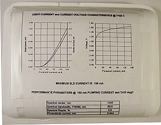 1045nm 3mW SLD.   14-pin DIL package.  Superlum model: SLD-481-MP-DIL-SM-PD.  Manufacture test data shows 1045nm center, FWHM 50.5nm
