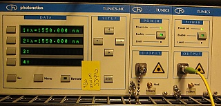 Photonetics TUNICS-MC Chassis Model 3647RA00 mainframe with two 3647HE1550-P6RL tunable laser modules. >6dBm laser tunable over 1500 - 1580 nm. FC/APC SMF optical interface.  1pm high resolution.
