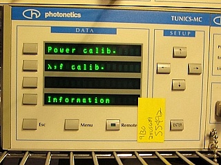 Photonetics TUNICS-MC Chassis Model 3647RA00 mainframe with two 3647HE1550-P6RL tunable laser modules. >6dBm laser tunable over 1500 - 1580 nm. FC/APC SMF optical interface.  1pm high resolution.