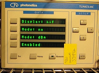 Photonetics TUNICS-MC Chassis Model 3647RA00 mainframe with two 3647HE1550-P6RL tunable laser modules. >6dBm laser tunable over 1500 - 1580 nm. FC/APC SMF optical interface.  1pm high resolution.