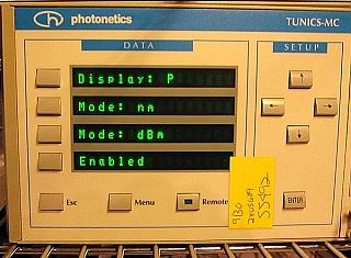 Photonetics TUNICS-MC Chassis Model 3647RA00 mainframe with two 3647HE1550-P6RL tunable laser modules. >6dBm laser tunable over 1500 - 1580 nm. FC/APC SMF optical interface.  1pm high resolution.