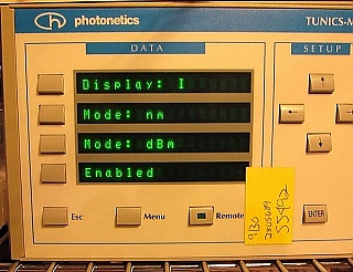 Photonetics TUNICS-MC Chassis Model 3647RA00 mainframe with two 3647HE1550-P6RL tunable laser modules. >6dBm laser tunable over 1500 - 1580 nm. FC/APC SMF optical interface.  1pm high resolution.