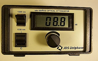 1300nm/1550nm Manual Variable attenuator, with 2 FC/PC optical adapters. JDS VA4 series. JDS P/N: VA47K+1AFP20. Not working, 'Sell As Parts, no return'